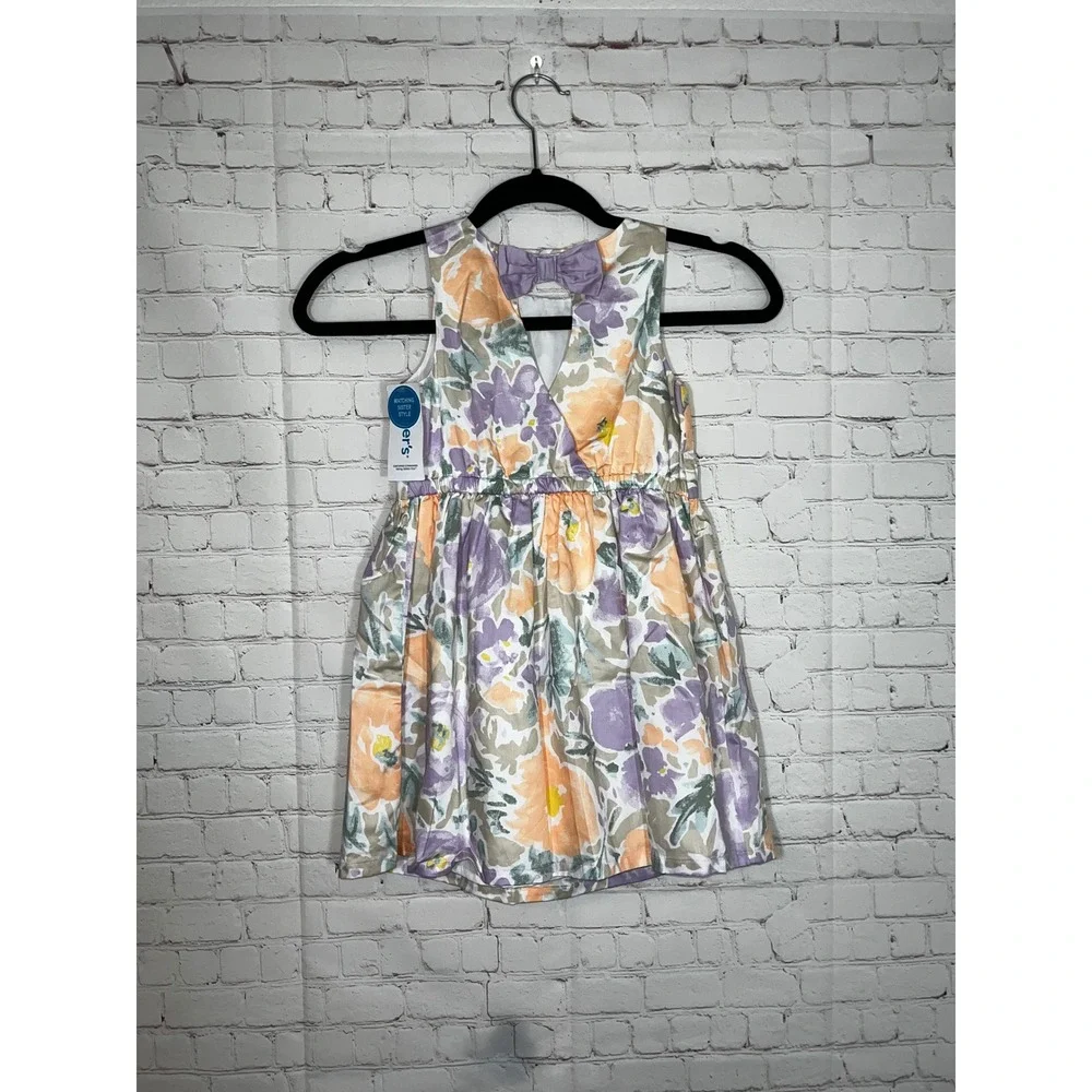 Carters Girls 5T Floral Watercolor Dress Sleeveless Bow Back‎ Purple Orange NEW